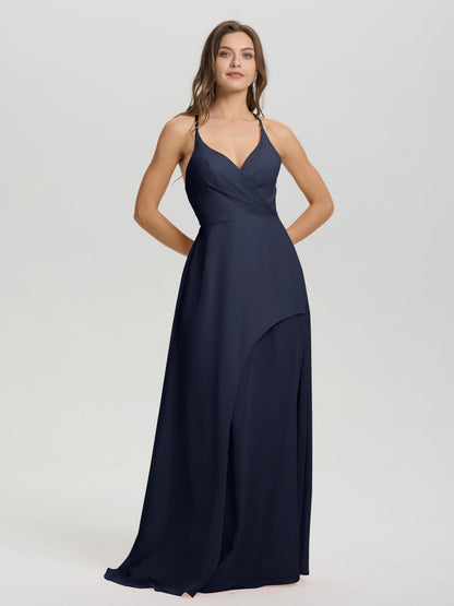 Straps V-Neck Open Back Long Chiffon Formal Bridesmaid Dress