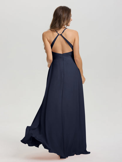 Straps V-Neck Open Back Long Chiffon Formal Bridesmaid Dress