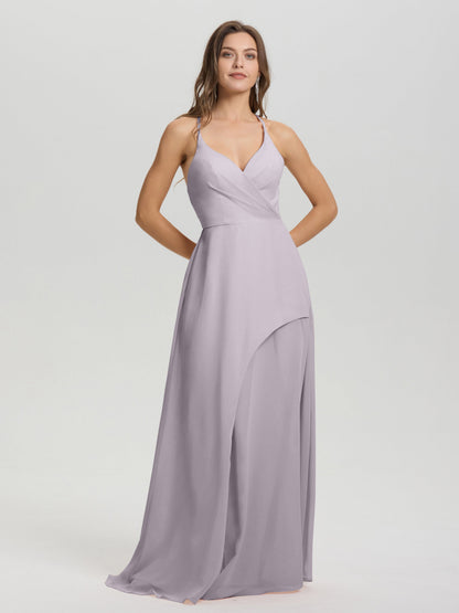 Straps V-Neck Open Back Long Chiffon Formal Bridesmaid Dress