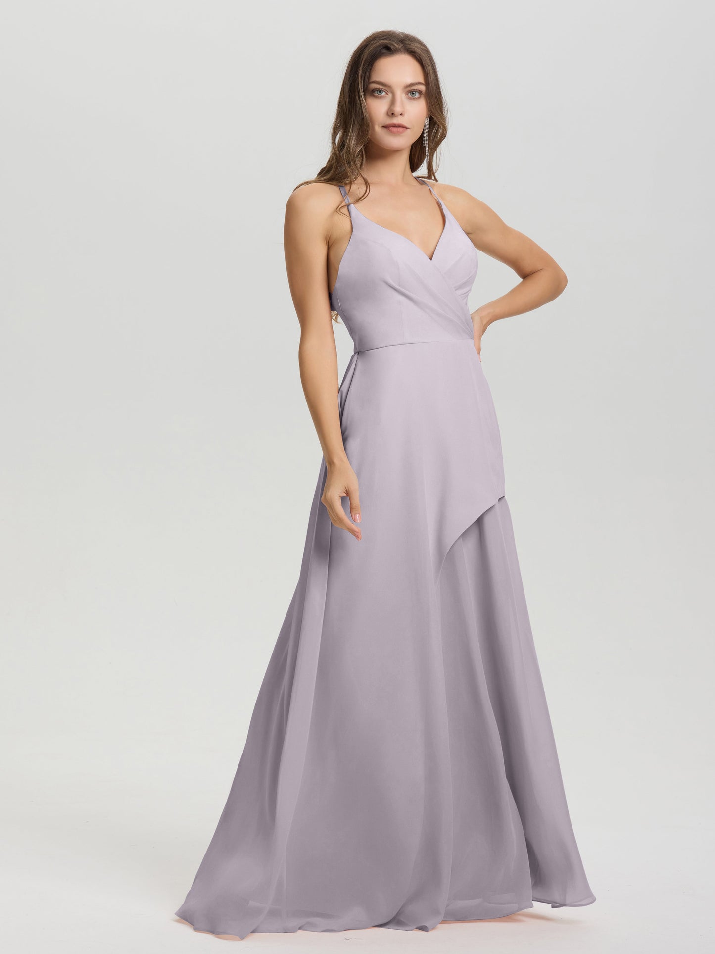 Straps V-Neck Open Back Long Chiffon Formal Bridesmaid Dress