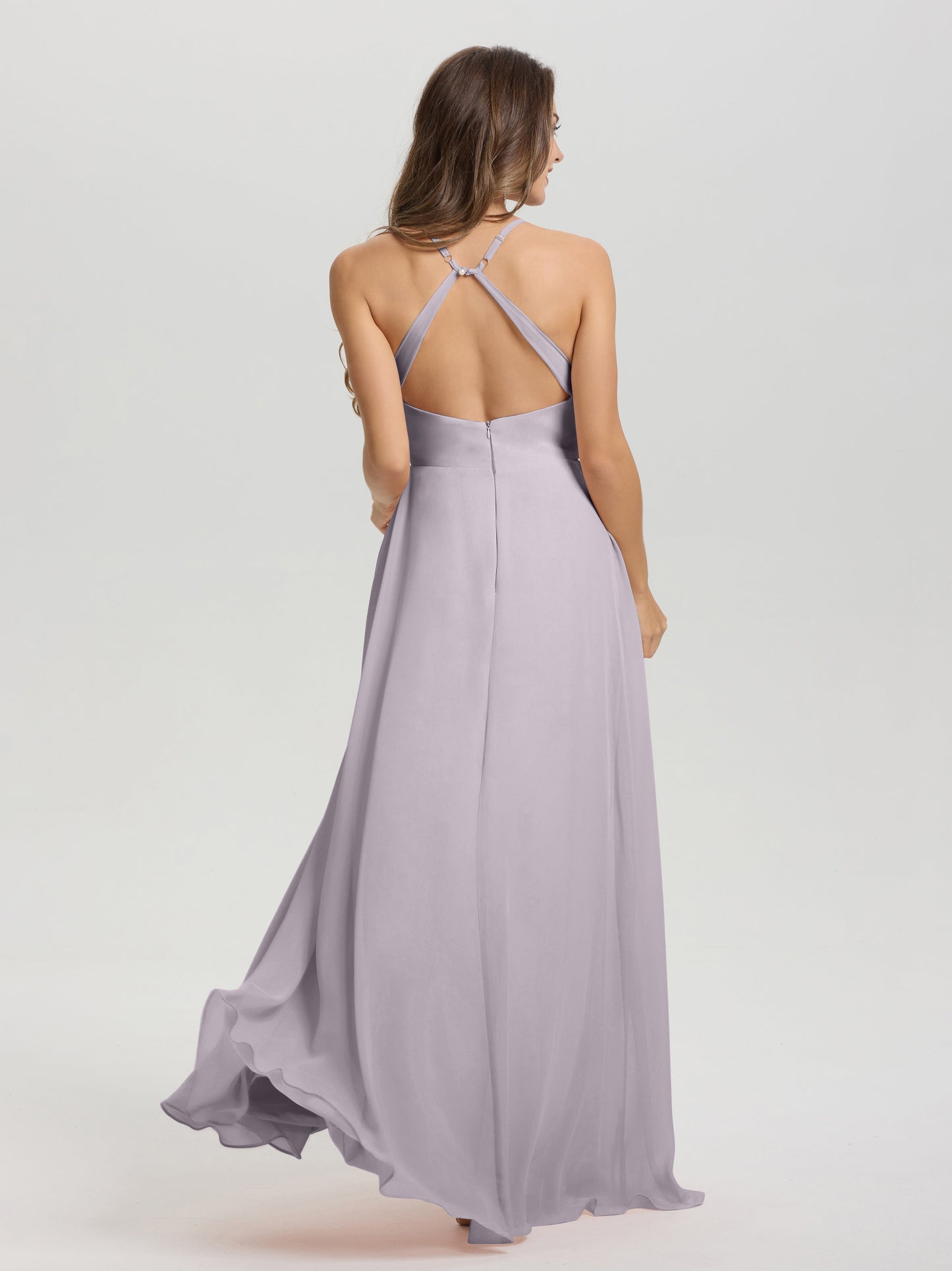 Straps V-Neck Open Back Long Chiffon Formal Bridesmaid Dress