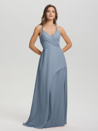 Straps V-Neck Open Back Long Chiffon Formal Bridesmaid Dress
