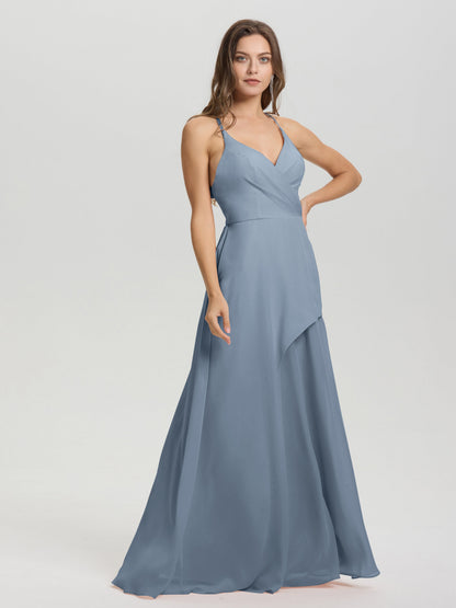 Straps V-Neck Open Back Long Chiffon Formal Bridesmaid Dress