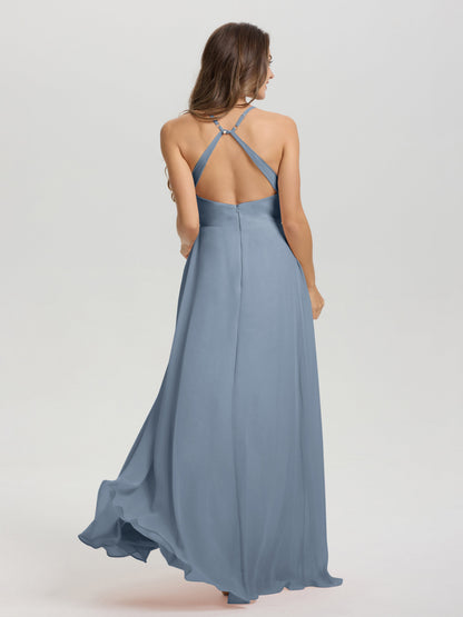 Straps V-Neck Open Back Long Chiffon Formal Bridesmaid Dress