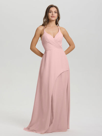 Straps V-Neck Open Back Long Chiffon Formal Bridesmaid Dress