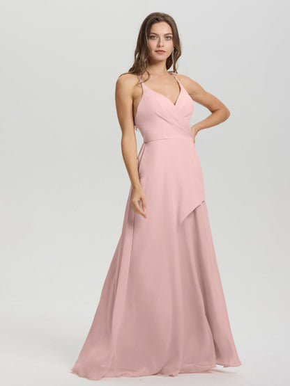 Straps V-Neck Open Back Long Chiffon Formal Bridesmaid Dress