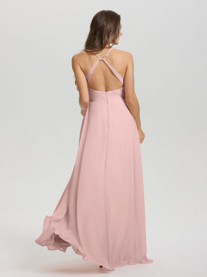 Straps V-Neck Open Back Long Chiffon Formal Bridesmaid Dress