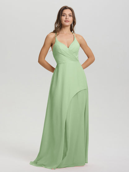 Straps V-Neck Open Back Long Chiffon Formal Bridesmaid Dress