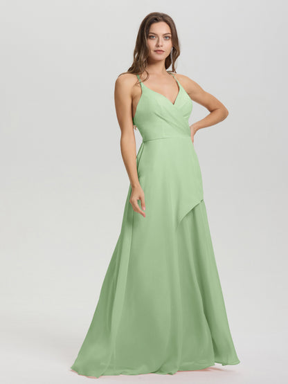 Straps V-Neck Open Back Long Chiffon Formal Bridesmaid Dress