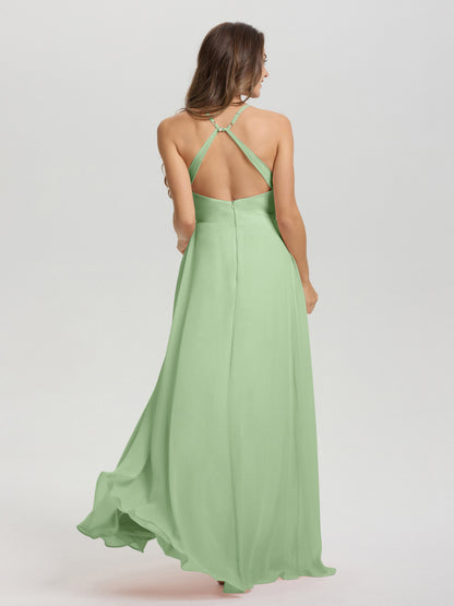 Straps V-Neck Open Back Long Chiffon Formal Bridesmaid Dress