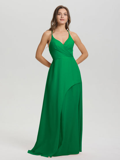 Straps V-Neck Open Back Long Chiffon Formal Bridesmaid Dress