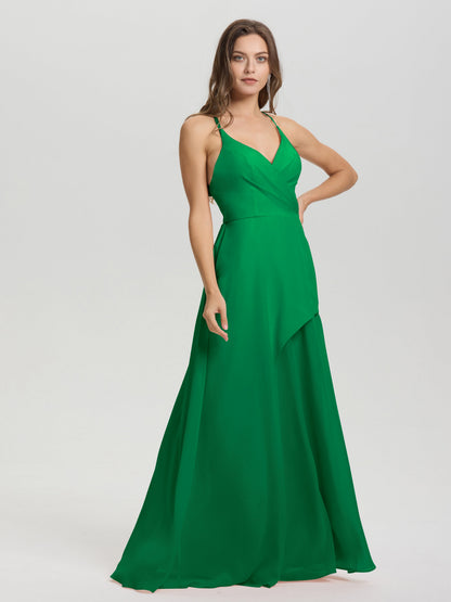 Straps V-Neck Open Back Long Chiffon Formal Bridesmaid Dress