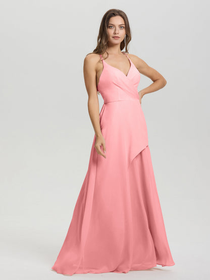 Straps V-Neck Open Back Long Chiffon Formal Bridesmaid Dress