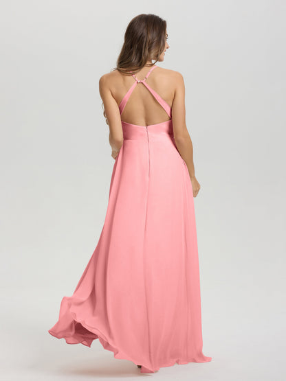 Straps V-Neck Open Back Long Chiffon Formal Bridesmaid Dress