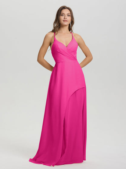Straps V-Neck Open Back Long Chiffon Formal Bridesmaid Dress