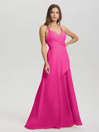 Straps V-Neck Open Back Long Chiffon Formal Bridesmaid Dress
