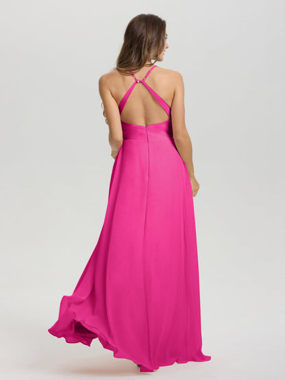Straps V-Neck Open Back Long Chiffon Formal Bridesmaid Dress