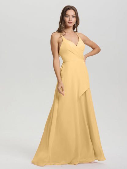 Straps V-Neck Open Back Long Chiffon Formal Bridesmaid Dress