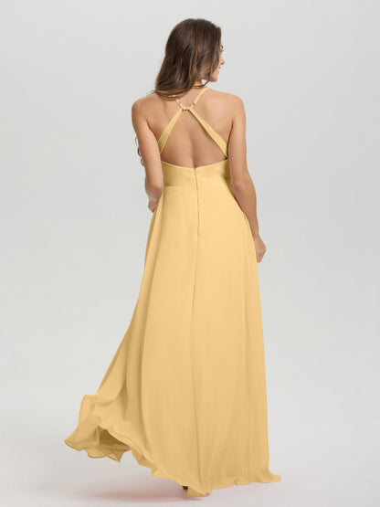 Straps V-Neck Open Back Long Chiffon Formal Bridesmaid Dress