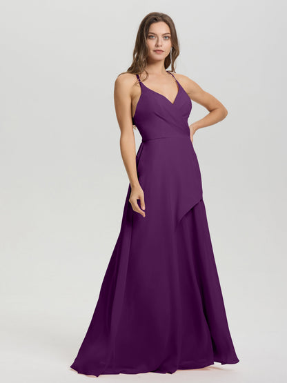 Straps V-Neck Open Back Long Chiffon Formal Bridesmaid Dress
