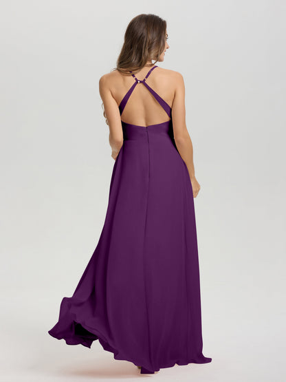 Straps V-Neck Open Back Long Chiffon Formal Bridesmaid Dress