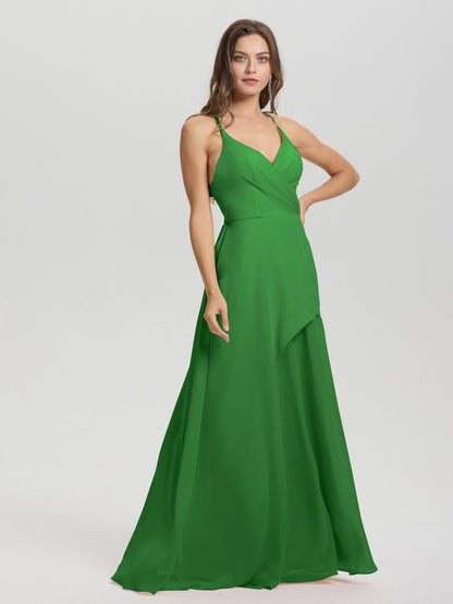 Straps V-Neck Open Back Long Chiffon Formal Bridesmaid Dress