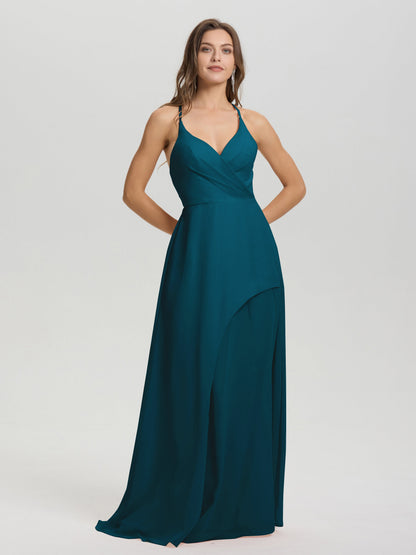 Straps V-Neck Open Back Long Chiffon Formal Bridesmaid Dress