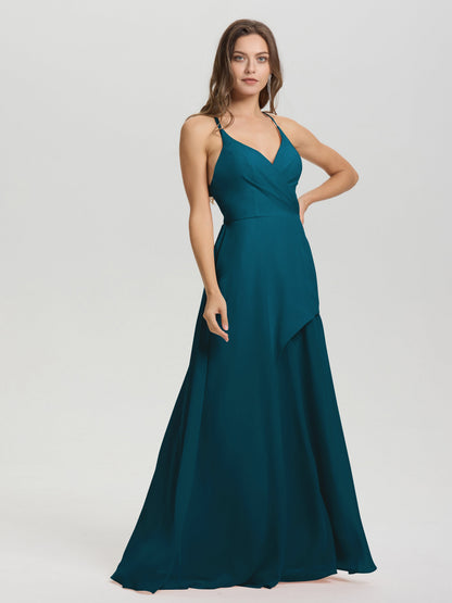 Straps V-Neck Open Back Long Chiffon Formal Bridesmaid Dress