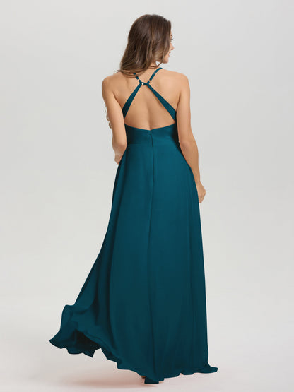 Straps V-Neck Open Back Long Chiffon Formal Bridesmaid Dress