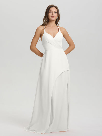 Straps V-Neck Open Back Long Chiffon Formal Bridesmaid Dress