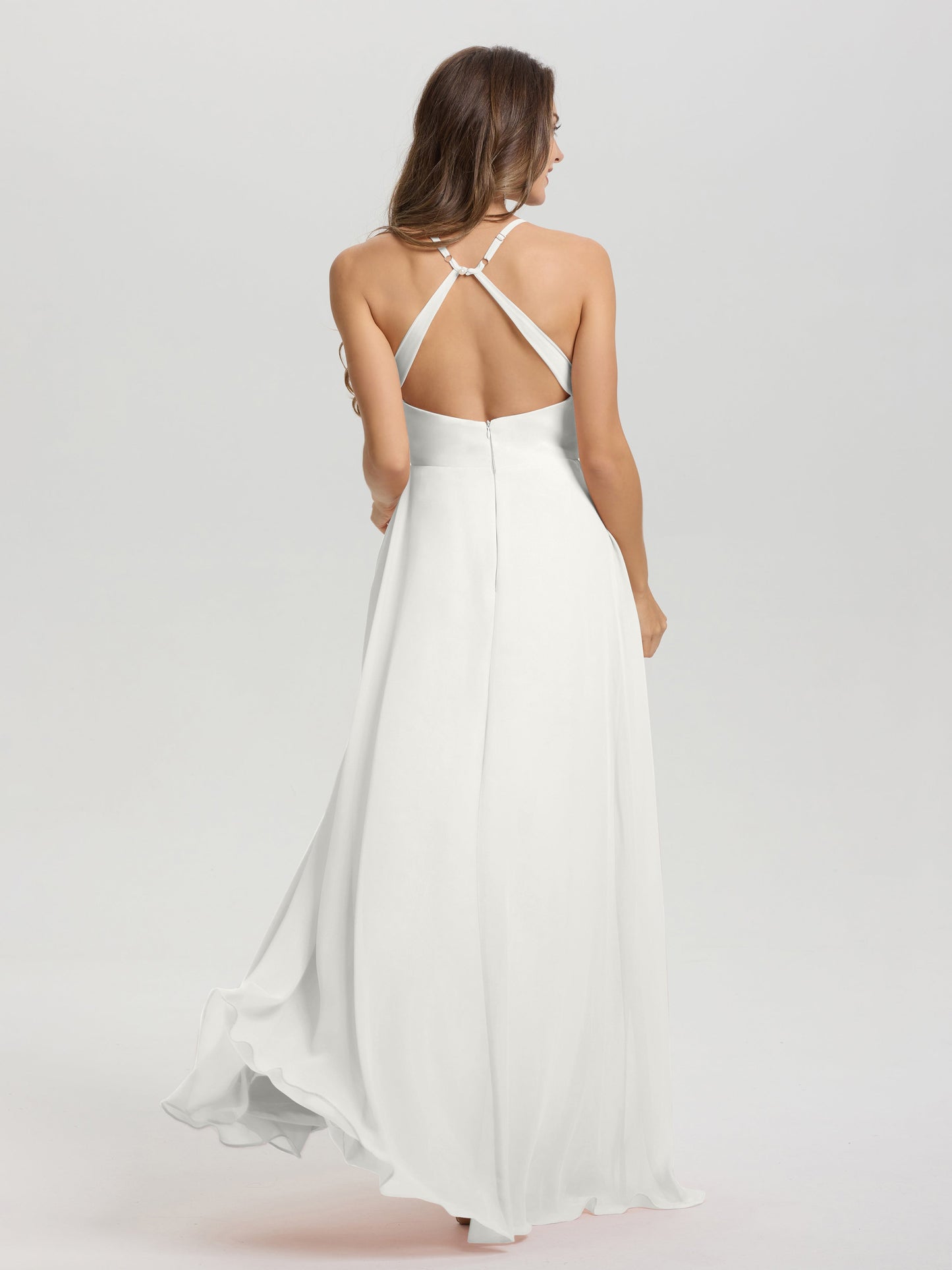 Straps V-Neck Open Back Long Chiffon Formal Bridesmaid Dress