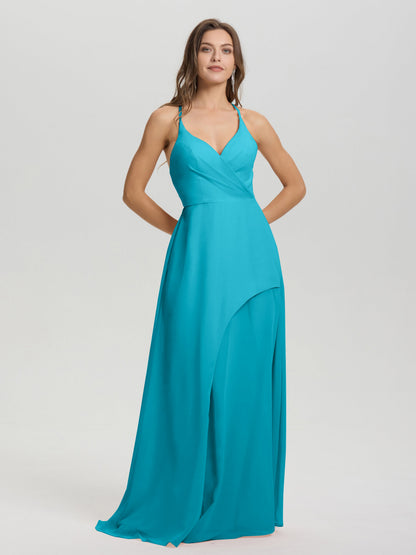 Straps V-Neck Open Back Long Chiffon Formal Bridesmaid Dress