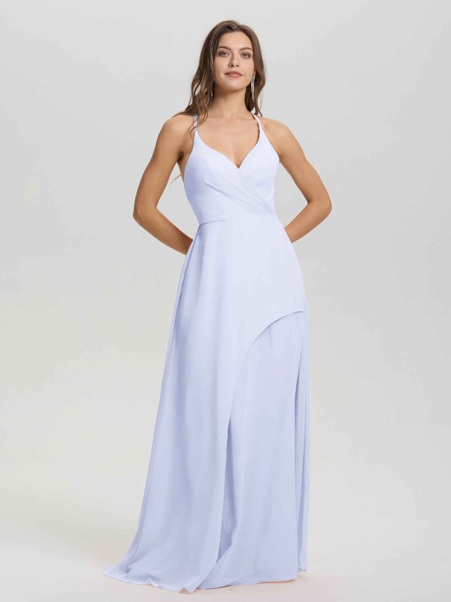 Straps V-Neck Open Back Long Chiffon Formal Bridesmaid Dress