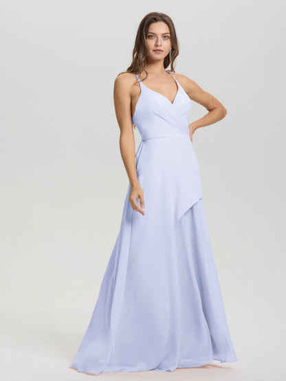Straps V-Neck Open Back Long Chiffon Formal Bridesmaid Dress