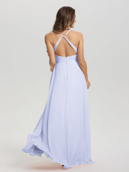 Straps V-Neck Open Back Long Chiffon Formal Bridesmaid Dress