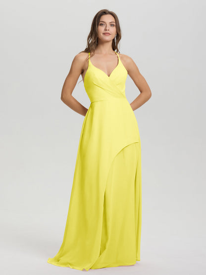 Straps V-Neck Open Back Long Chiffon Formal Bridesmaid Dress