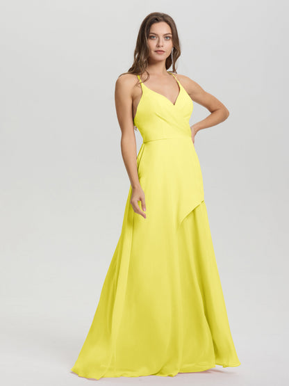 Straps V-Neck Open Back Long Chiffon Formal Bridesmaid Dress