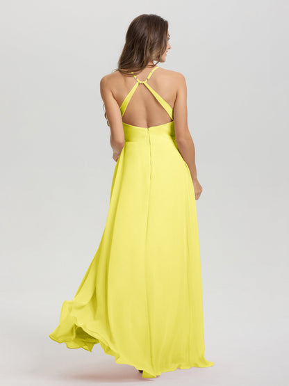 Straps V-Neck Open Back Long Chiffon Formal Bridesmaid Dress