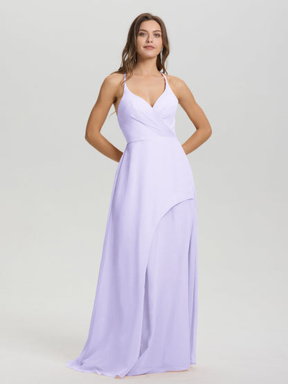 Straps V-Neck Open Back Long Chiffon Formal Bridesmaid Dress