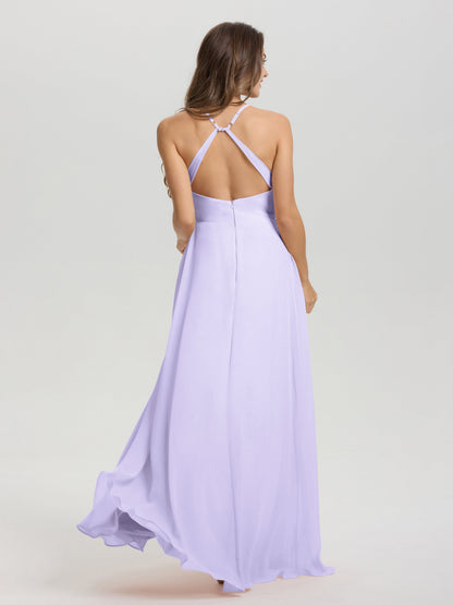 Straps V-Neck Open Back Long Chiffon Formal Bridesmaid Dress