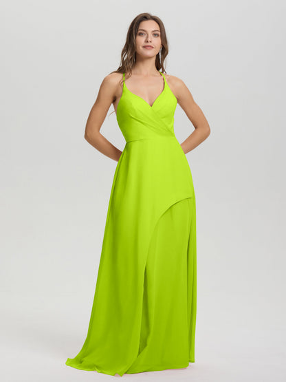 Straps V-Neck Open Back Long Chiffon Formal Bridesmaid Dress