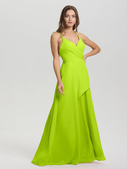 Straps V-Neck Open Back Long Chiffon Formal Bridesmaid Dress