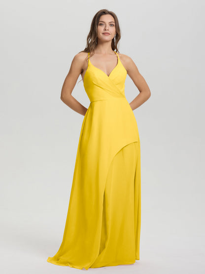 Straps V-Neck Open Back Long Chiffon Formal Bridesmaid Dress
