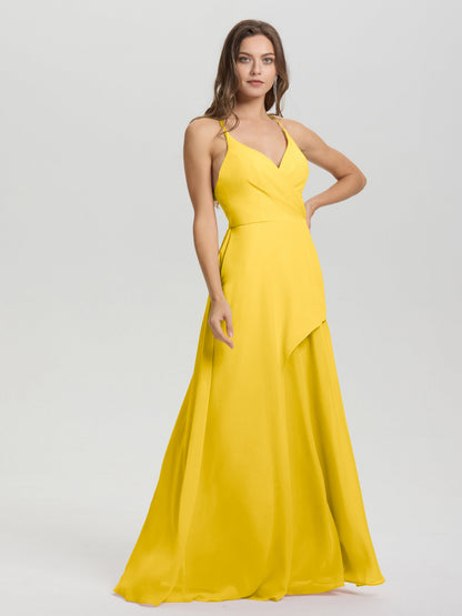 Straps V-Neck Open Back Long Chiffon Formal Bridesmaid Dress
