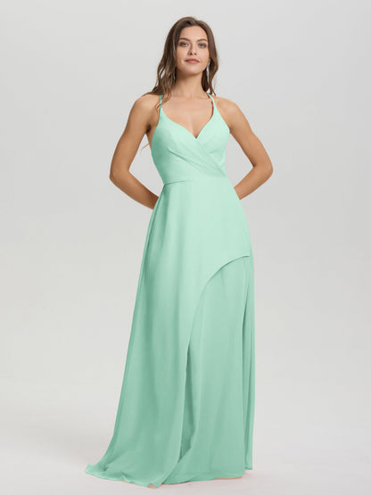 Straps V-Neck Open Back Long Chiffon Formal Bridesmaid Dress