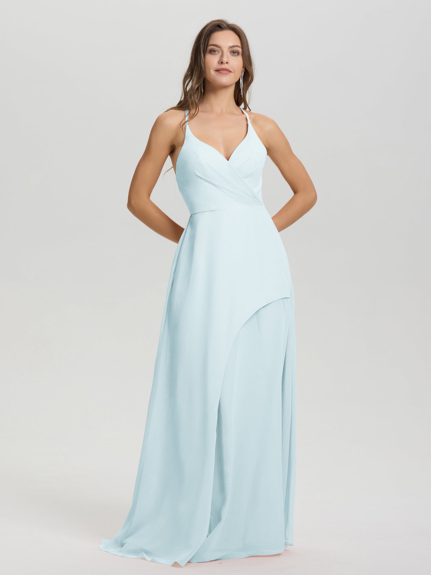 Straps V-Neck Open Back Long Chiffon Formal Bridesmaid Dress
