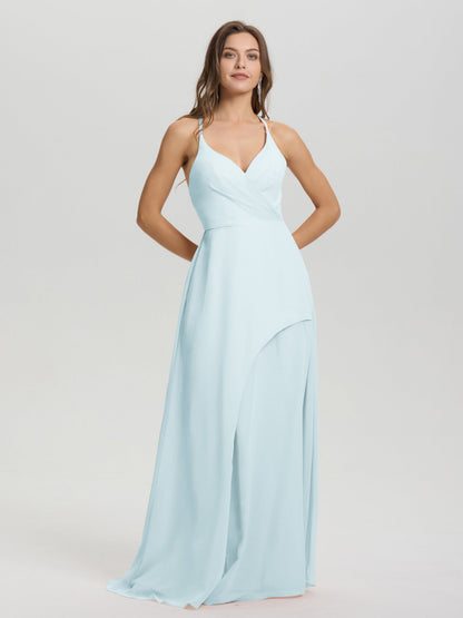 Straps V-Neck Open Back Long Chiffon Formal Bridesmaid Dress