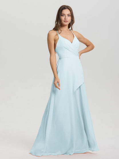 Straps V-Neck Open Back Long Chiffon Formal Bridesmaid Dress