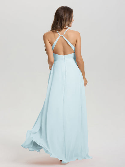 Straps V-Neck Open Back Long Chiffon Formal Bridesmaid Dress