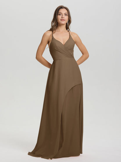 Straps V-Neck Open Back Long Chiffon Formal Bridesmaid Dress
